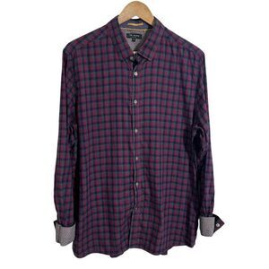 Ted Baker Mens Button Up Plaid Shirt 5 US XL Blue Maroon Fall Long Sleeve Cotton